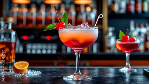 Elegant cocktail with cherry in upscale bar setting