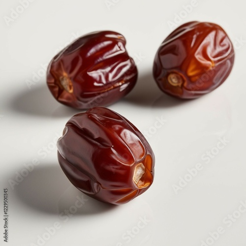 This image features four glossy, natural brown dates with a wrinkled yet smooth texture, positioned against a clean white background. The dates are depicted in high detail, showcasing their rich color