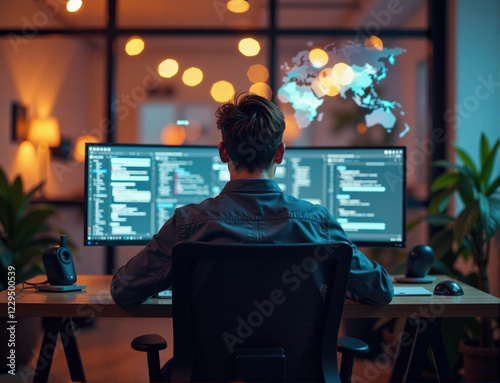 A software developer works late at night, surrounded by glowing monitors and warm ambient lighting.