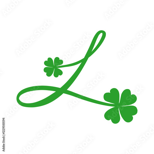 Símbolo de primavera. Logo con letra inicial L con trébol de cuatro hojas para felicitaciones y tarjetas del día de San Patricio
