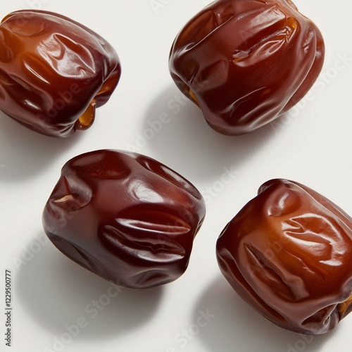 This image features four glossy, natural brown dates with a wrinkled yet smooth texture, positioned against a clean white background. The dates are depicted in high detail, showcasing their rich color