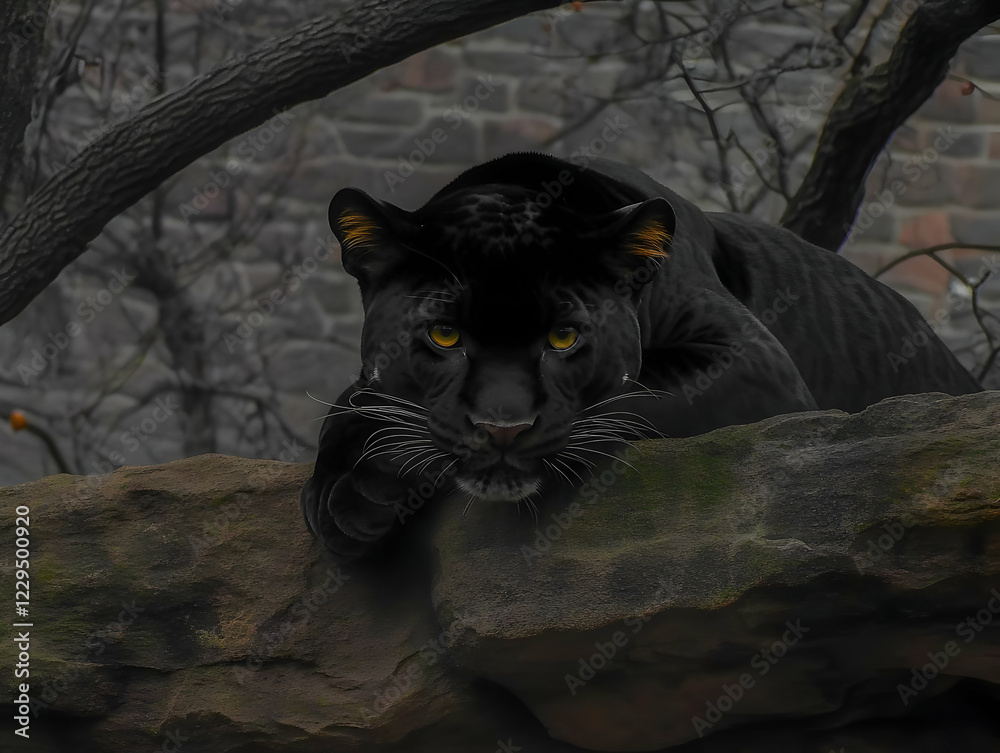 Obraz premium Black Panther Resting on a Rock, Observing Surroundings with Intense Gaze