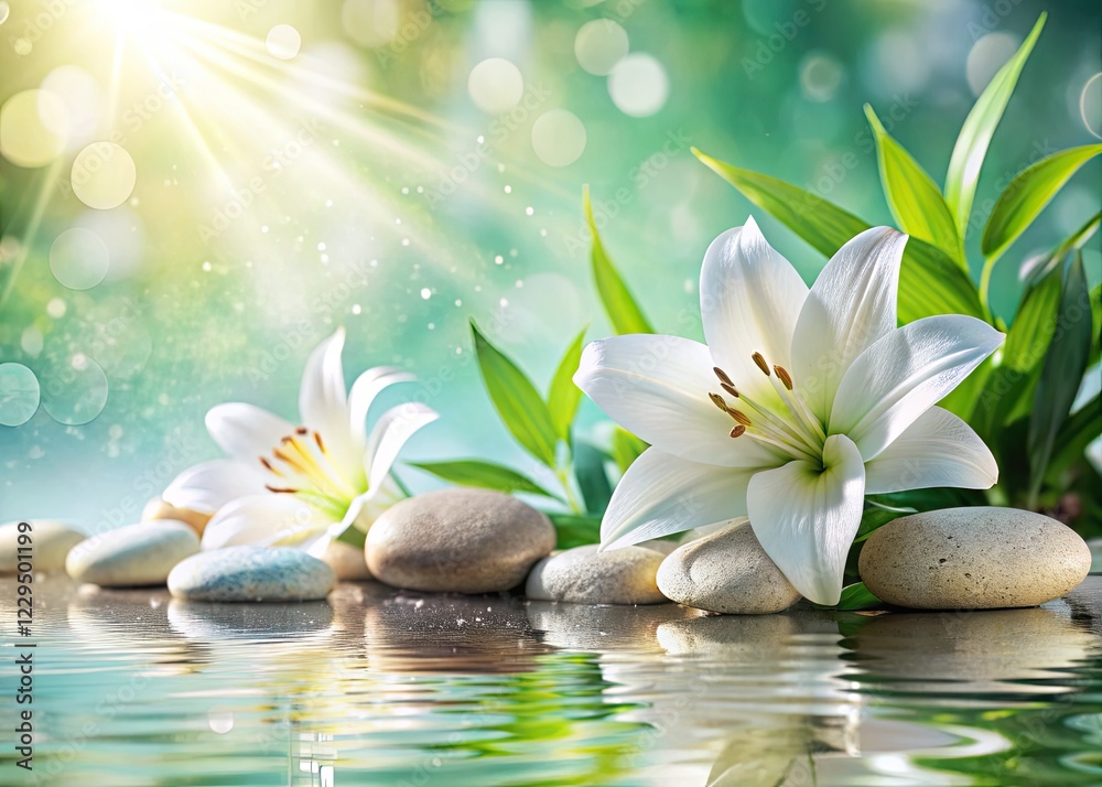 Spa Background: White Stones, Lilies, Sun Shadows, Bokeh