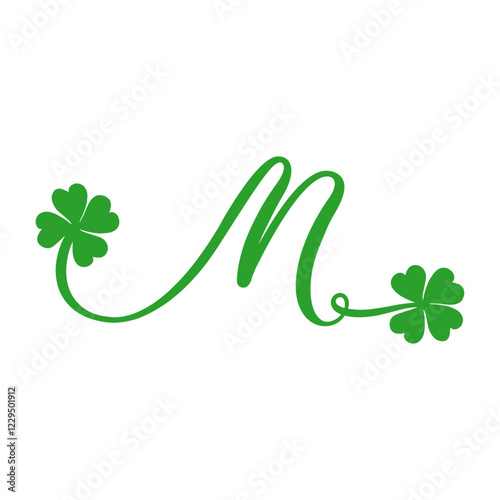 Símbolo de primavera. Logo con letra inicial M con trébol de cuatro hojas para felicitaciones y tarjetas del día de San Patricio