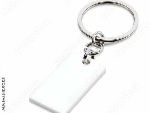 Blank White Rectangular Keychain with Metal Ring Isolated on White Background
