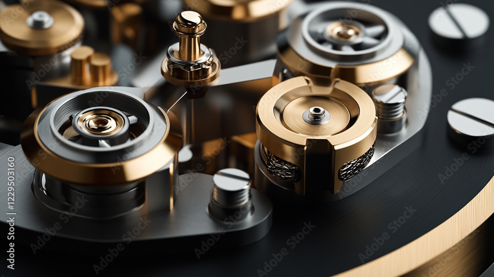 Close-up of intricate watch mechanisms showcasing gold and silver components with reflections Close-up of intricate watch mechanisms showcasing gold and silver components with reflections