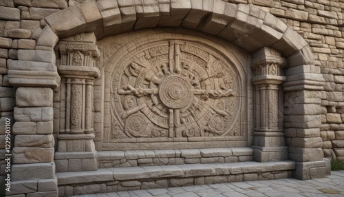 Fortress wall embrasure with intricate stone carvings, stone carving, decorative feature, fortified wall