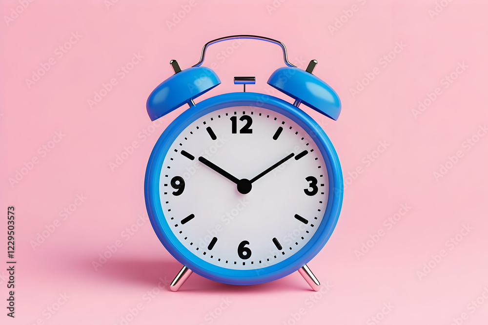 Blue Alarm Clock Shows Time on a Pink Background, Ready to Wake You Up Blue Alarm Clock Shows Time on a Pink Background, Ready to Wake You Up