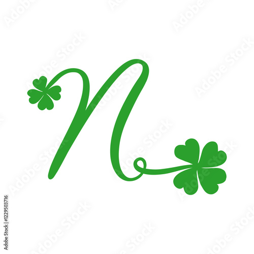 Símbolo de primavera. Logo con letra inicial N con trébol de cuatro hojas para felicitaciones y tarjetas del día de San Patricio