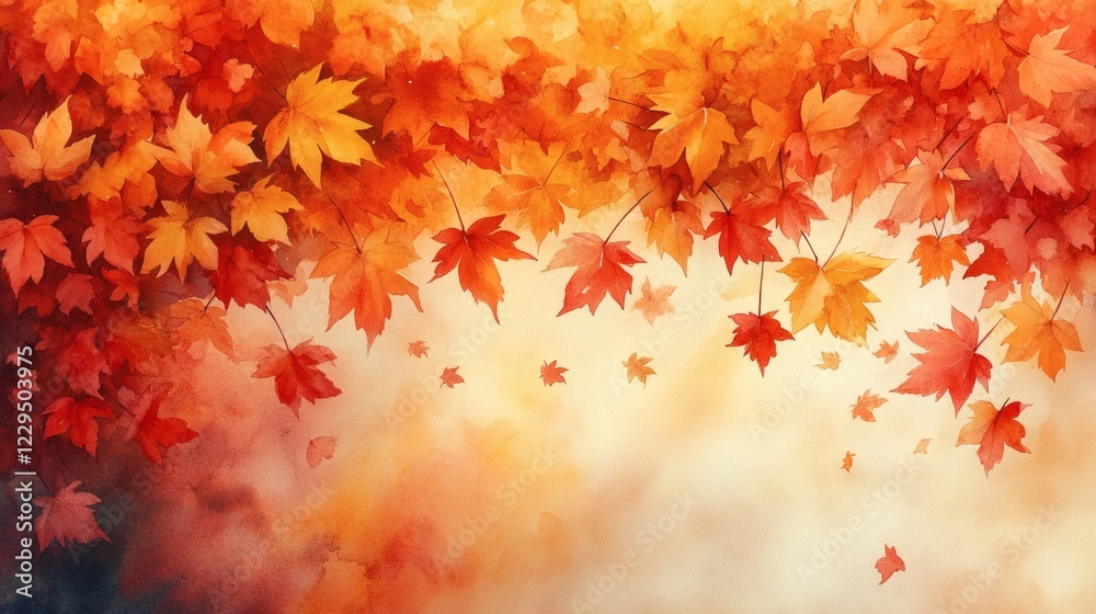 Blend of warm watercolor tones creating a serene background filled with autumn leaves gently swirling in the air marking the arrival of fall Blend of warm watercolor tones creating a serene background filled with autumn leaves gently swirling in the air marking the arrival of fall