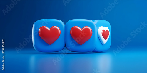 3D Red Hearts on Blue Squar...