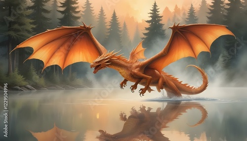 Una gran criatura parecida a un dragón naranja con alas que se eleva sobre un lago brumoso y boscoso al atardecer