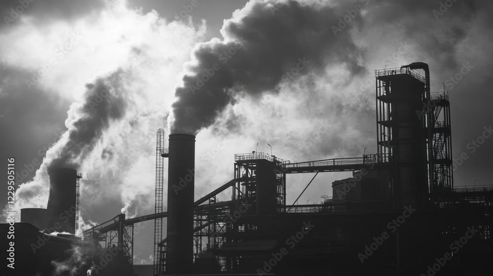Industrial plant with smoke in black and white. Industrial plant with smoke in black and white.