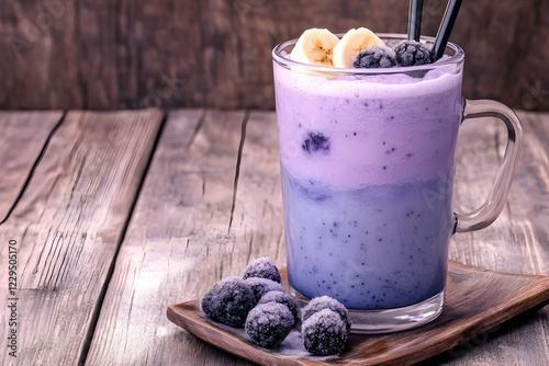 Purple smoothie sits in a g...