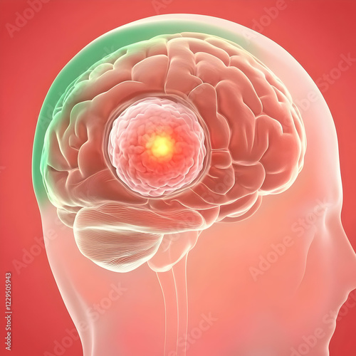 3D Illustration of Brain Tumor Glowing Inside Human Head on Red Background photo