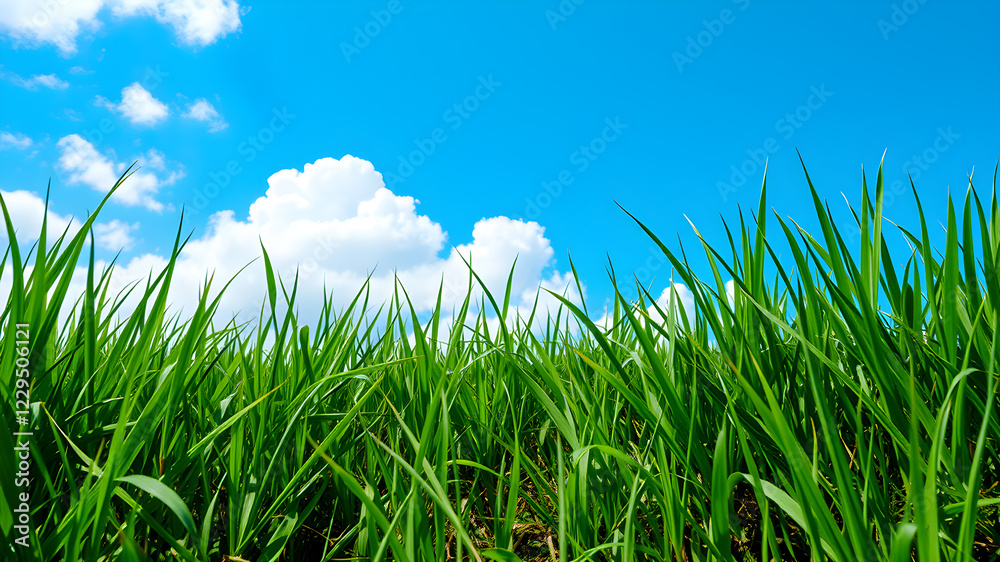 Fototapeta premium Green grass and blue sky with white clouds