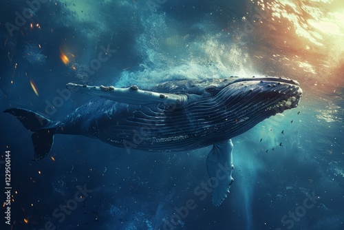 Humpback whale swimming underwater in deep blue ocean with sun rays shining through the surface at sunset