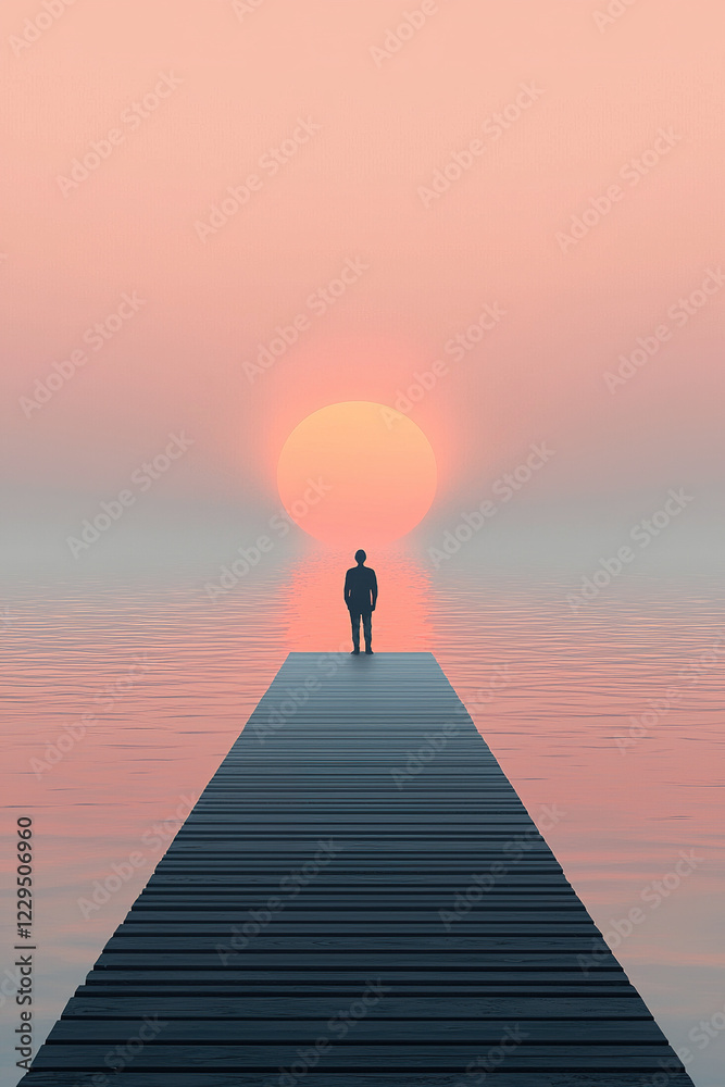 Businessman standing on pier watching setting sun over water