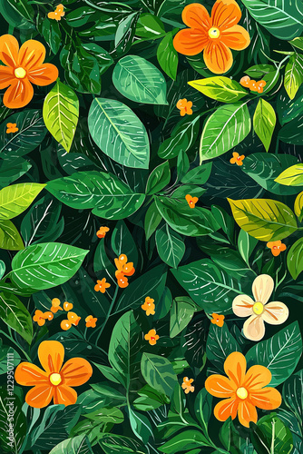 Lush tropical jungle foliage with vibrant flowers blooming