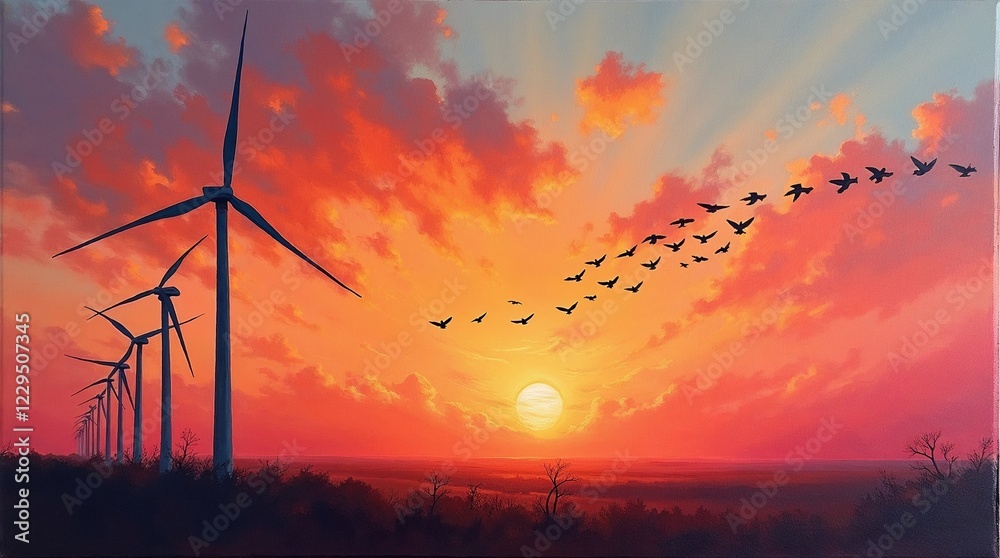 Obraz premium Sunset Windmills with Serene Bird Flight over Renewable Landscape 