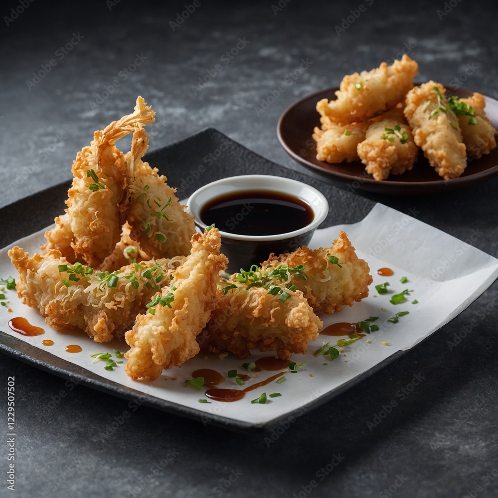 A plate of shrimp tempura with a bowl of dipping sauce.A plate of crispy fried chicken strips served with dipping sauce and garnishes.Fried Chicken presented in a Tasteful Way - Japanese Karaage Fried A plate of shrimp tempura with a bowl of dipping sauce.A plate of crispy fried chicken strips served with dipping sauce and garnishes.Fried Chicken presented in a Tasteful Way - Japanese Karaage Fried