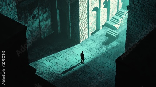 A man stands in a dark alleyway with a shadow behind him. The alleyway is narrow and has a stone wall on one side. The man is alone and is looking off into the distance