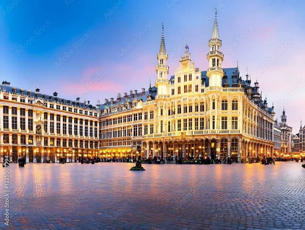 Grand Place Square Illuminates with Majestic Architecture at Dusk in the Heart of the City Grand Place Square Illuminates with Majestic Architecture at Dusk in the Heart of the City