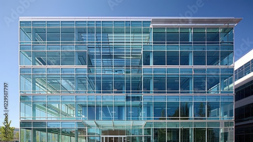 Modern glass building showcasing sleek architecture with clear reflections and blue sky