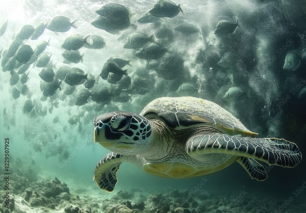 Obraz premium Graceful sea turtle swimming beneath a school of fish in clear ocean waters, showcasing marine life diversity and underwater beauty in vibrant colors