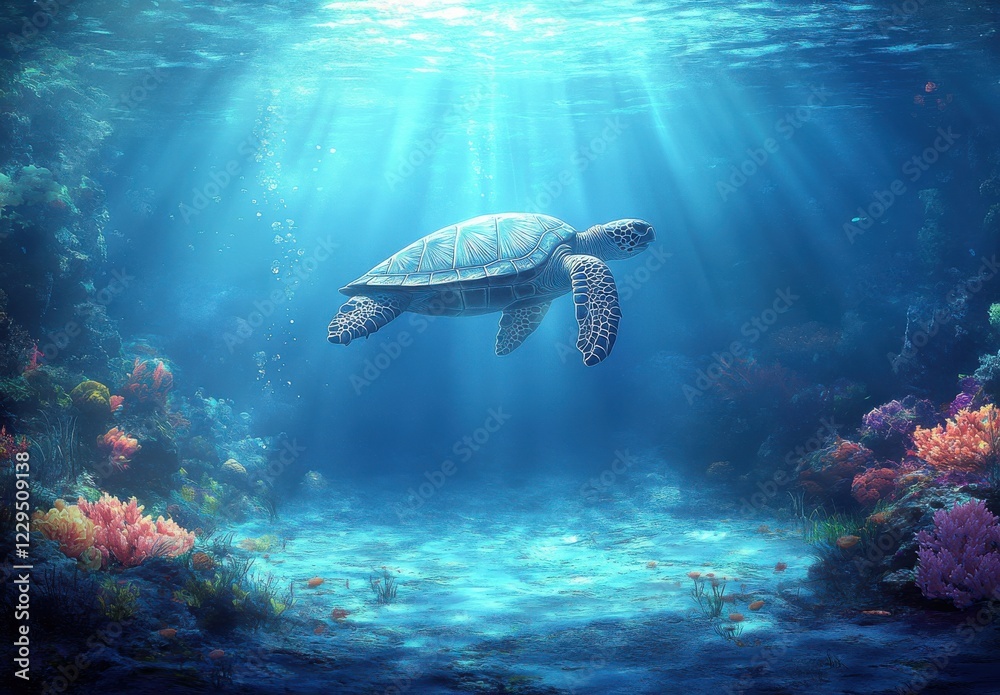 Fototapeta premium Graceful Sea Turtle Swimming Through Vibrant Coral Reef in Sunlit Underwater Scene with Various Colorful Marine Life and Bubbles Rising from the Ocean Floor