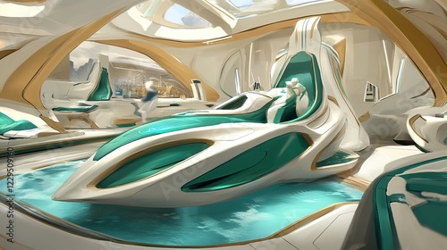 Fototapeta Naklejka Na Ścianę i Meble -  Futuristic spaceship lounge interior; relaxation, travel