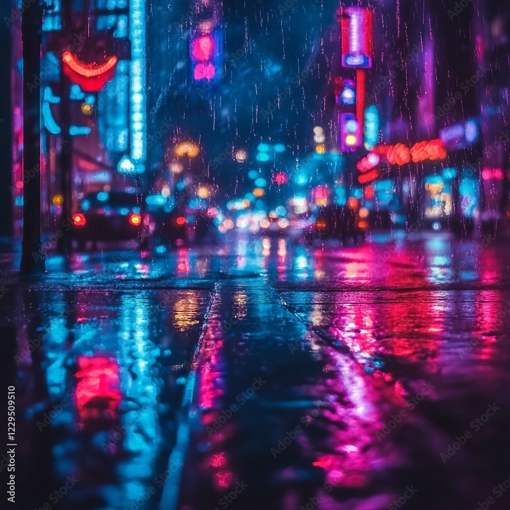 Obraz premium A dynamic urban scene showcasing neon lights reflecting on rain-soaked streets, highlighting the vibrant energy of city nightlife.