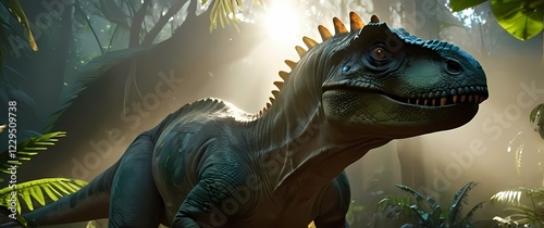 An exhilarating close up shot of a mischievous dinosaur greeting the sunlight through vibrant jungles photo