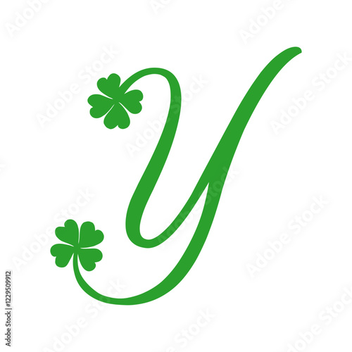 Símbolo de primavera. Logo con letra inicial Y con trébol de cuatro hojas para felicitaciones y tarjetas del día de San Patricio