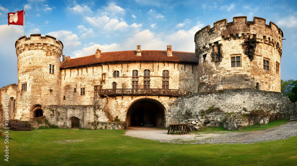 Majestic medieval castle stands proudly with weathered stone walls and red tiled roof under a vibrant blue sky. Majestic medieval castle stands proudly with weathered stone walls and red tiled roof under a vibrant blue sky.