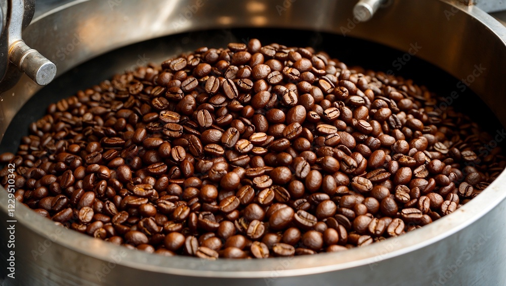 Fototapeta premium Freshly roasted coffee beans in industrial roaster