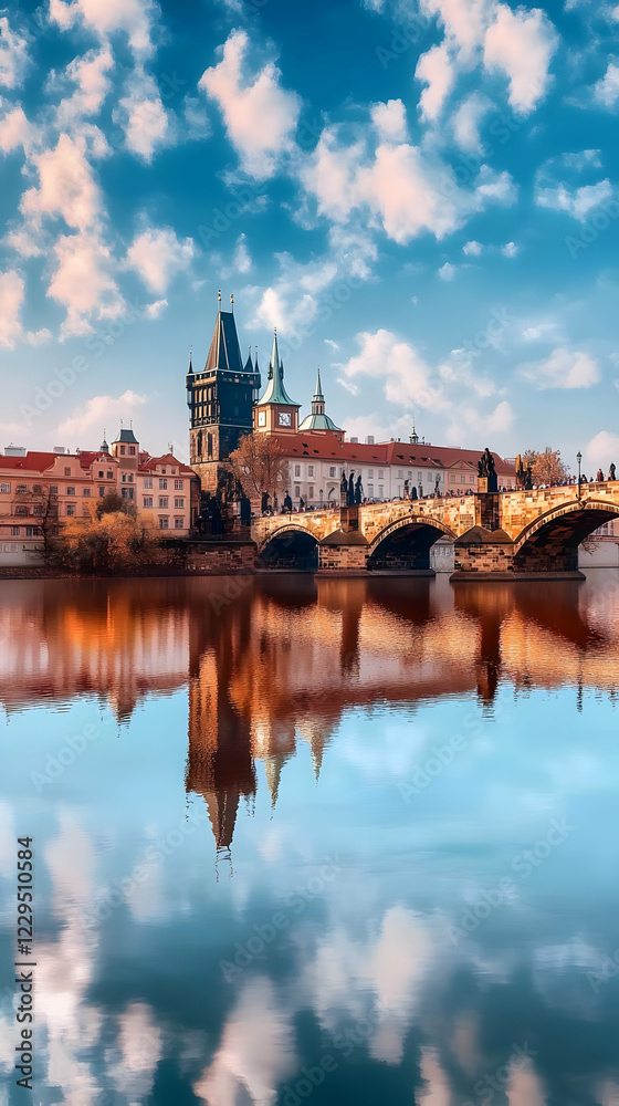 Obraz premium Scenic View of Charles Bridge in Prague reflects on the Vltava River under a cloudy sky.