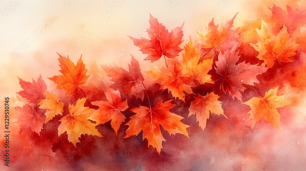 Cascade of soft watercolor autumn leaves in fiery shades of orange and red set against a gentle fading background announcing the beginning of fall Cascade of soft watercolor autumn leaves in fiery shades of orange and red set against a gentle fading background announcing the beginning of fall