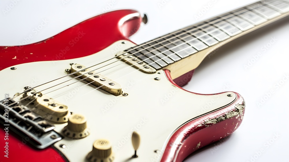 Fototapeta premium Vintage red electric guitar with worn paint, showcasing its aged beauty and classic design.