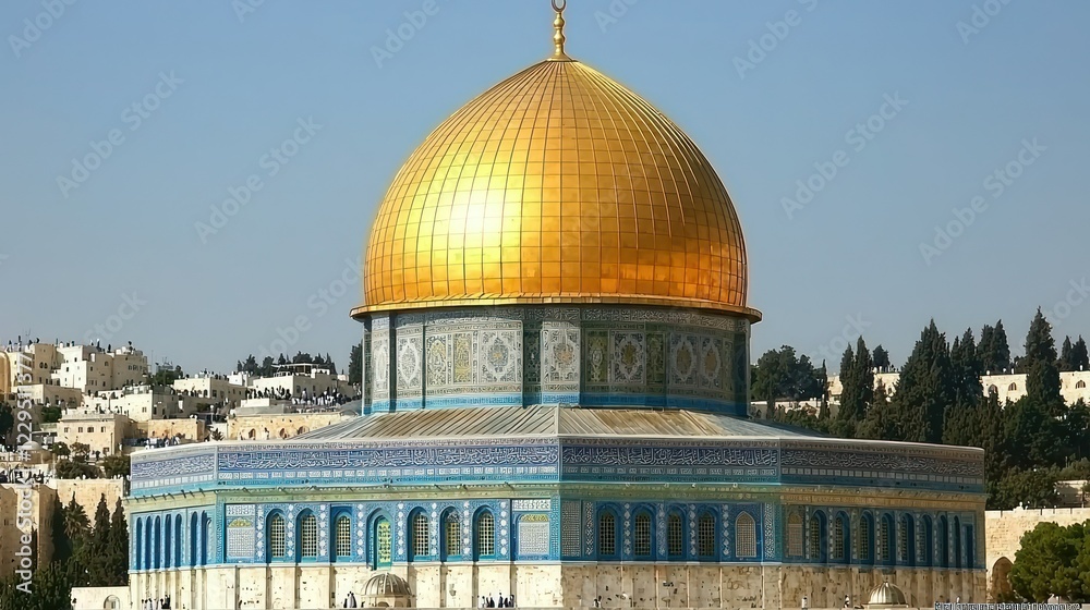 Fototapeta premium Golden Dome of the Rock, Jerusalem, cityscape background, religious site