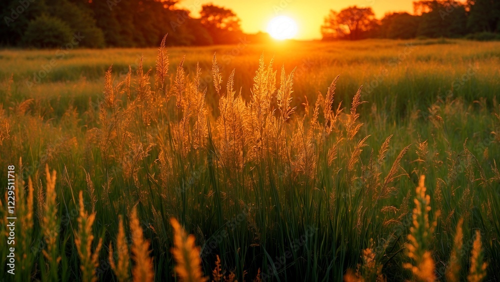 Golden sunset over tall grass in serene meadow Golden sunset over tall grass in serene meadow