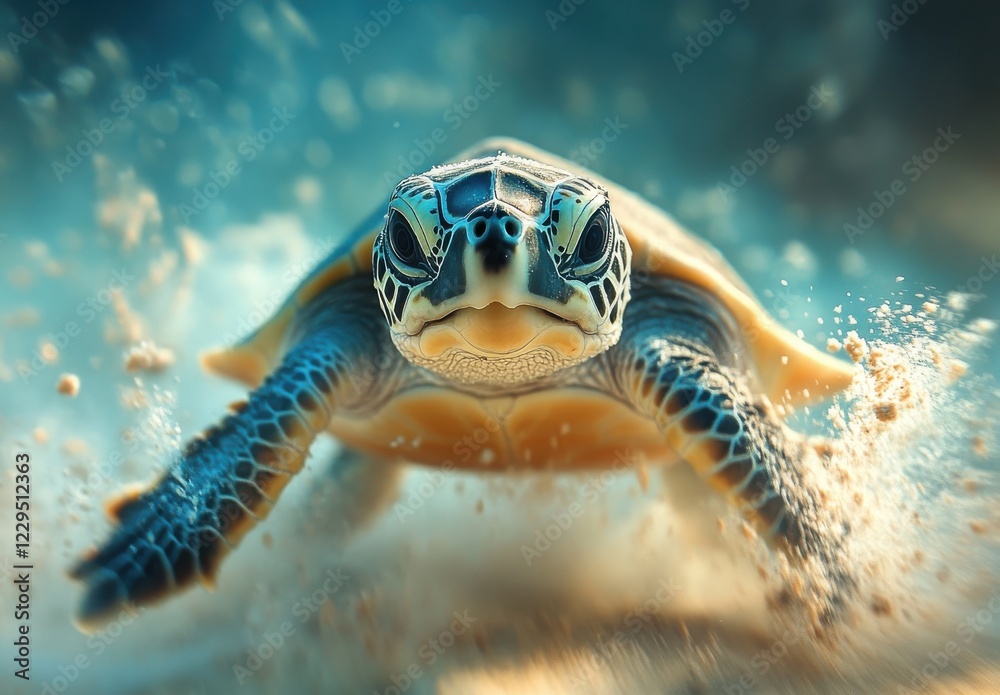 Obraz premium Majestic Green Sea Turtle Swimming Gracefully Through Clear Blue Ocean Waters With Sand Particles in Motion and Light Filtering Through the Surface