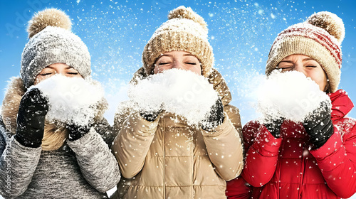 Three joyful friends blow s...