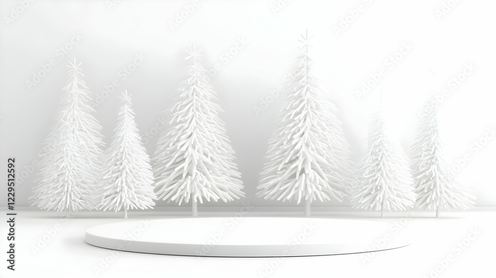 Obraz premium White Podium with White Christmas Trees Creates a Minimalist Festive Scene for Product Display