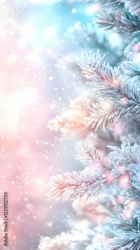 Snowy Pine Branches Sparkle Gently in the Soft Winter Light with Delicate Pastel Hues.