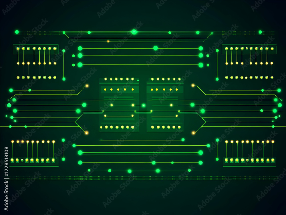 Green Circuit Board Shows Data Flow and Connectivity in Electronic Devices with Technology Innovation. Green Circuit Board Shows Data Flow and Connectivity in Electronic Devices with Technology Innovation.