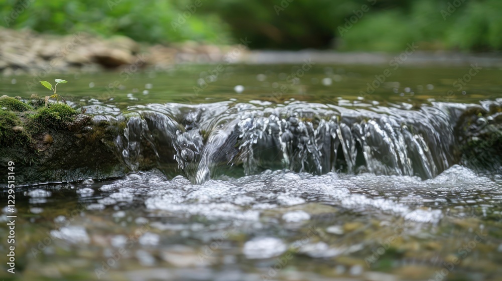 Fototapeta premium Tranquil stream cascading over rocks, surrounded by lush greenery and reflecting sunlight