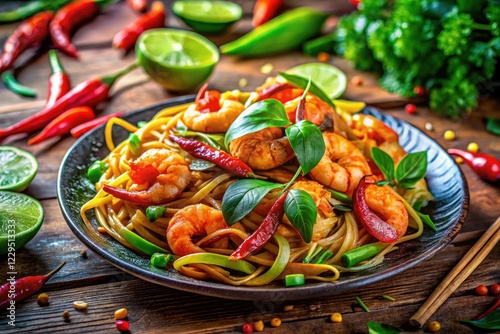 Surreal shrimp, drunken noodles, and lime burst in vibrant color; a captivating food photograph. photo