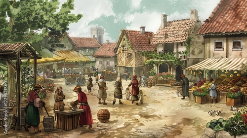 An illustration of a medieval market square with people shopping for goods.