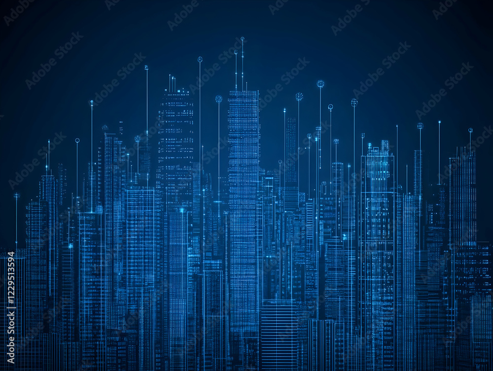 Fototapeta premium Futuristic Cityscape Illustration Shows Buildings with Glowing Lines and Connected Nodes on a Dark Background